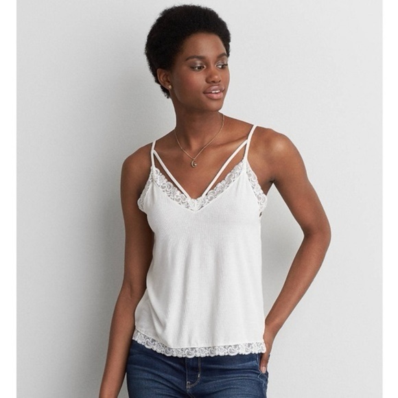 NWT American Eagle Outfitters White Lace Cami Strappy Ribbed Rib Knit Stretchy - Picture 1 of 7